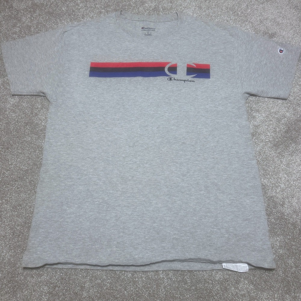 Champion Mens L Graphic Tee Gray Red Blue Stripe Logo T-Shirt Athletic Gym Wear